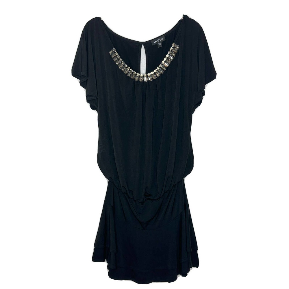 Bebe VTG USA Rhinestone Beaded Black Flutter Sleeve Party Dress Size M